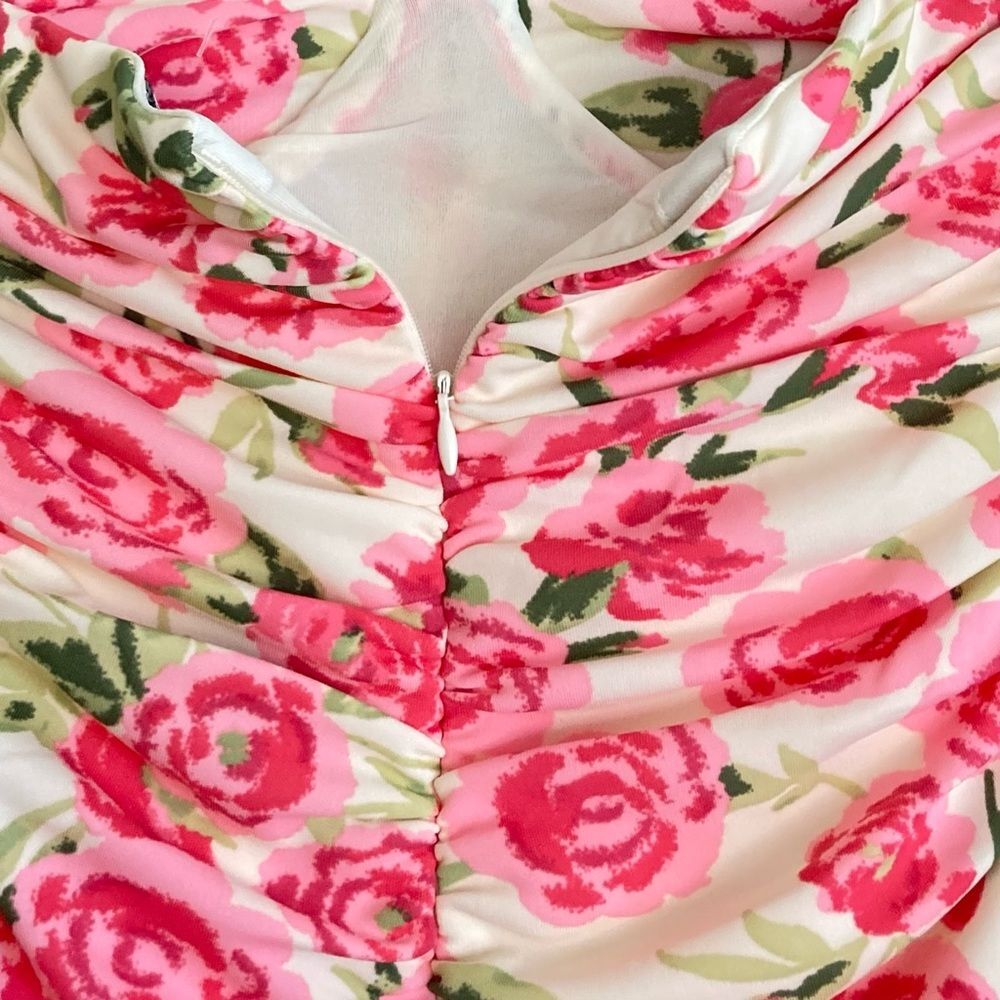 NEW ZARA Draped Ruched Floral Rose Strapless Bodysuit Pink Green White Size S - Picture 13 of 16